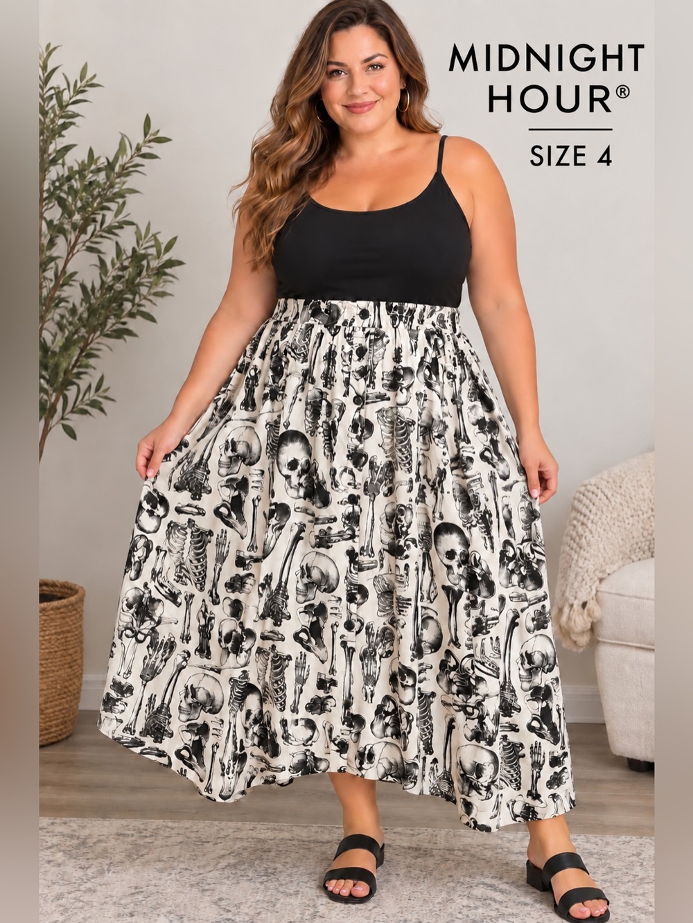 Midnight Hour Size 4 Plus Skeleton Skull Anatomy Print Maxi Skirt Gothic Hallowe